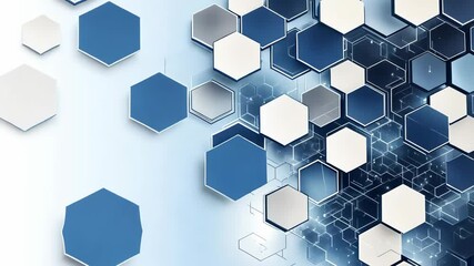 Poster - A detailed illustration shows an intricate network of interconnected blue and white hexagons, symbolizing technology and innovation. The dynamic composition enhances the futuristic aesthetic.