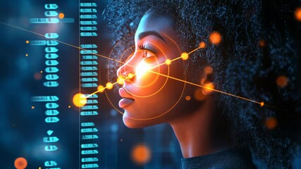 Leinwandbilder - An African-American woman curly hair is bathed blue light, overlaid glowing digital graphics , targeting lights, suggesting advanced technology , futuristic setting. Abstract shapes surround her.