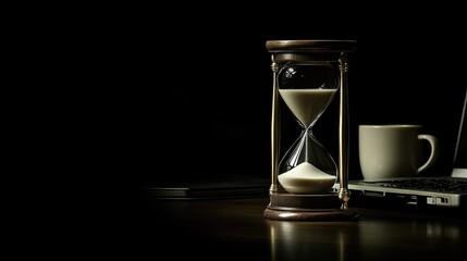 Poster - An hourglass with sand flowing into the lower chamber, positioned next to a laptop and a cup of coffee, suggesting a theme of productivity and time management.