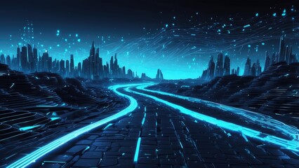 A futuristic, curving digital road composed of glowing blue binary code on a dark background