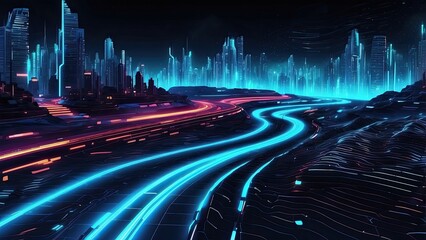 A futuristic, curving digital road composed of glowing blue binary code on a dark background