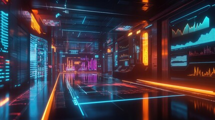 Poster - A conceptual shot of a digital graph with animated elements illustrating market trends and forecasts, set against a sleek and futuristic business setting.