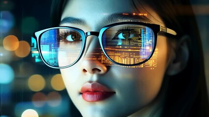 Aufkleber - A close-up features person with glasses reflecting futuristic cityscape. The digital interface merges with reality, indicating integration of technology , vision in world lit with warm, vibrant bokeh.