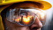 © kiattisak - Close up of engineer wearing yellow hard hat and protective glasses, reflecting industrial landscape at sunset, showcasing dedication and focus in engineering field