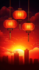 Poster - Three red lanterns hanging from the sky with a city in the background. The lanterns are hanging from strings and the sky is orange