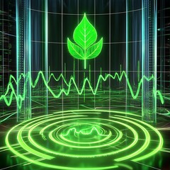 Poster - Futuristic graphic of a leaf symbol amidst data visualizations.  The leaf is a luminous green.  Surrounding it are circular patterns and lines that depict data analysis. 