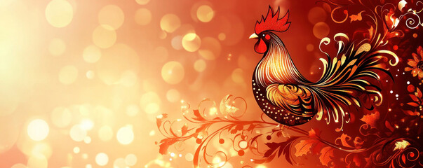 Poster - A rooster is perched on a branch with a background of orange and gold swirls. Concept of warmth and festivity, as the rooster is a symbol of good luck and prosperity in many cultures