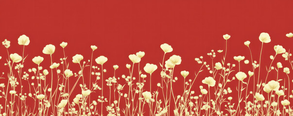 Poster - A red background with a field of white flowers. The flowers are scattered throughout the image, with some closer to the foreground and others further back