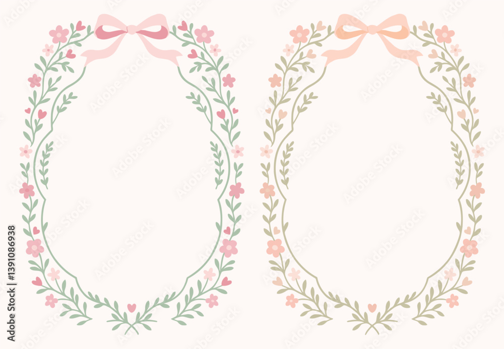 Pastel Floral Oval Frame with Ribbon Bow Illustration Set Stock Vector ...