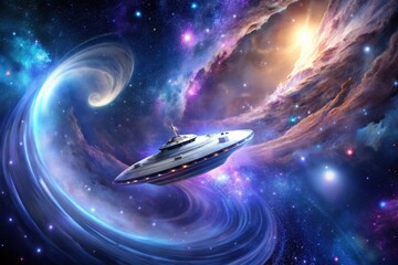 Wall Mural - a futuristic spaceship navigates a cosmic vortex amidst a nebula of vibrant hues and sparkling stars