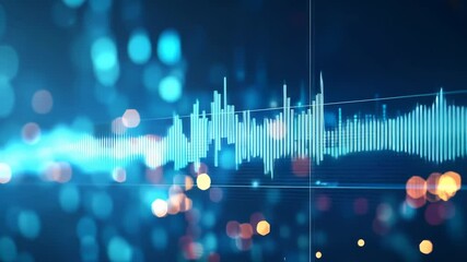 Poster - A vibrant visualization sound wave bright blue. The waveform is dynamically displayed against backdrop blurred, bokeh lights. Symbolizing technology, audio analysis, or digital data communication.