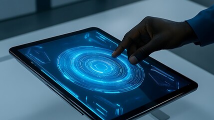 Aufkleber - Person interacts with futuristic tablet display.  A hand touches a glowing circular interface on a modern tablet.  High-tech design elements and vibrant light effects