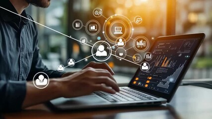 Poster - The image shows a person typing on a laptop displaying data charts with network icons. It represents concepts of data analysis, networking, and technological progress in a bright, modern setting.