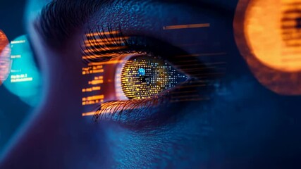 Poster - Close-up of an eye with an overlaid digital display in shades of orange and blue. Highlights the concept of advanced technology interfacing with human senses and perception of the future.