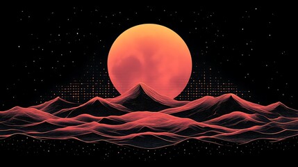 Wall Mural - red moon over stylized mountains.