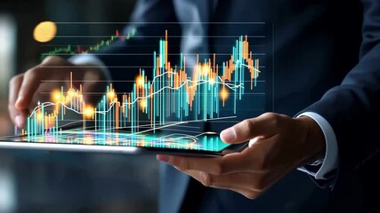 Aufkleber - A business professional is analyzing financial data displayed tablet, wearing dark suit. The screen intricate graphs, highlighting market analysis , strategic investment decisions business context.