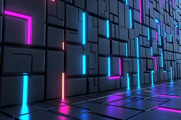 Poster - Futuristic wall with glowing neon lines.  Geometric patterned dark grey blocks and vibrant neon light accents create a modern and technological design. The pattern extends across the floor