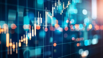 Poster - Image displays financial chart with upward trend, featuring candlestick-style data representation. A grid overlay , blurred lights add depth, suggesting investment, finance, or economic analysis.
