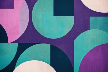 Poster - Geometric circles and squares pattern in purple teal and pink hues on textured canvas