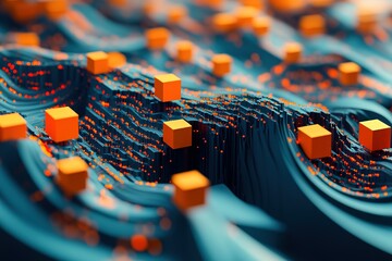 Poster - Abstract terrain with orange cubes and points on a wavy surface depth of field