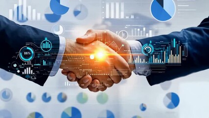 Poster - A handshake signifies an agreement, digitally enhanced with data visualizations and charts. It suggests a modern, data-driven business environment where decisions are based on analytics and insights.