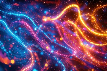 Fototapete - Abstract glowing strands of light with vibrant colors and sparkling dots in a dark space