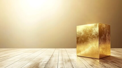 Poster - A golden cube is illuminated in a warm studio environment