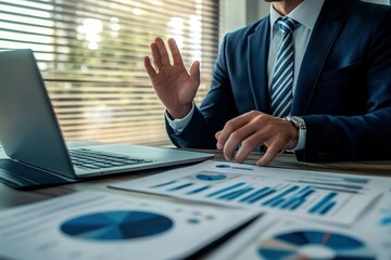 Poster - Business professional presenting data during a video call in office environment