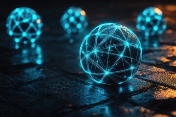 Poster - Connected Spheres: Luminous nodes form global networks on a textured dark surface