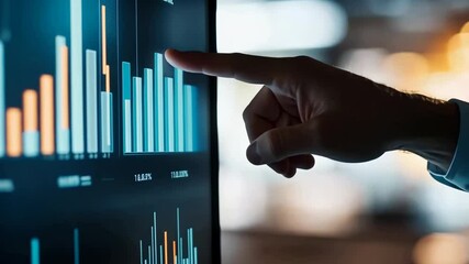 Poster - An individual's hand is pointing at digital screen displaying charts, highlighting data analytics , financial trends. The background bokeh creates focused , modern atmosphere, emphasizing technology.