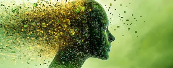 Leinwandbilder - Futuristic digital human head profile dissolving into binary code and floating data fragments, surreal design, hightech aesthetic