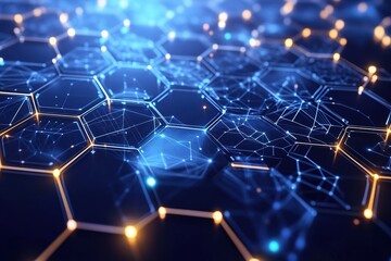 Poster - Abstract Technology Network: Glowing nodes connected by lines form hexagon patterns