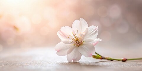 Wall Mural - A Delicate Blossom Rests on a Neutral Surface, Bathed in Soft, Warm Light