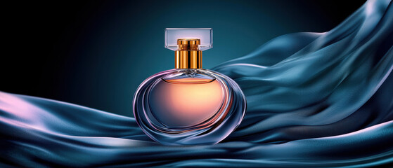 Poster - beautiful cosmetic bottle sits elegantly on flowing silk fabric, showcasing its luxurious design and captivating fragrance