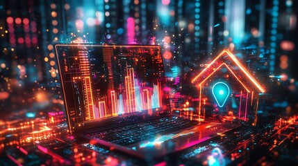 Poster - Digital home valuation on a laptop in a futuristic city environment