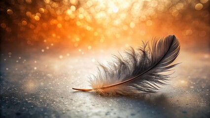 Wall Mural - A single feather rests gently on a shimmering surface, bathed in the warm glow of a sunset-like backdrop.