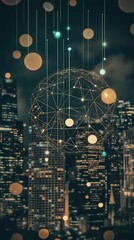 Poster - Digital cityscape network.  Abstract representation of interconnected urban landscape, with glowing lights and data streams connecting a central sphere