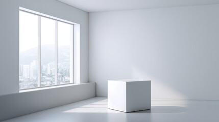Poster - White cube in an empty white room with large window overlooking a cityscape with mountains in the distance