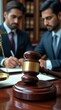 © Imagine  - Close-up of a wooden judge's gavel with golden band on desk, justice scale in background, two lawyers in suits discussing legal documents in office