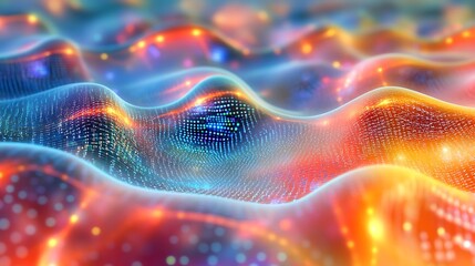 Poster - Abstract digital wave, vibrant colors, glowing particles, intricate network.  Complex data visualization, dynamic forms