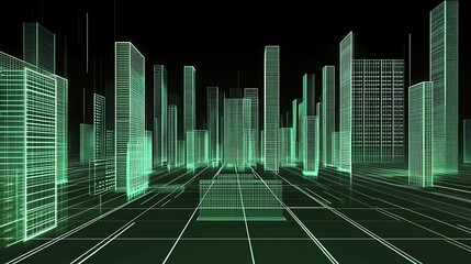 Aufkleber - Futuristic city skyline, digital wireframe
