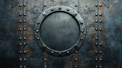 Aufkleber - Rusted metal plate with circular panel, rivets, and grunge texture.