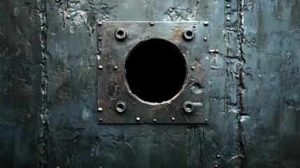 Poster - Rusted metal plate with circular hole, rivets, grunge texture background.