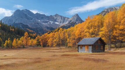 Poster - Rustic cabin nestled in autumnal mountain valley.