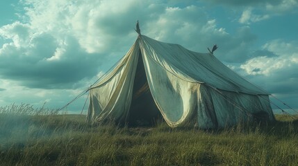 Aufkleber - Rustic canvas tent on grassy field under dramatic sky.