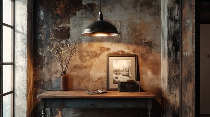 Poster - Rustic interior corner with vintage decor, wooden table, lamp, and framed photo against textured wall.