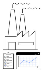 Poster - factory with smokestacks, checklist clipboard, and analytics graph window. ideal for industry, manuf