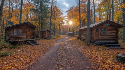 Poster - Rustic log cabins nestled in an autumnal forest, sunlight streaming through trees along a dirt road.