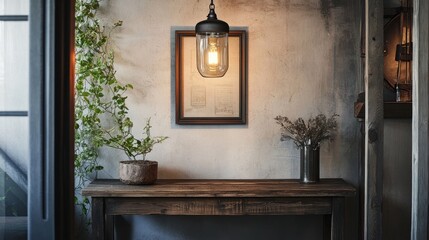 Aufkleber - Rustic wooden table with vintage lamp, plants, and framed print against textured wall.