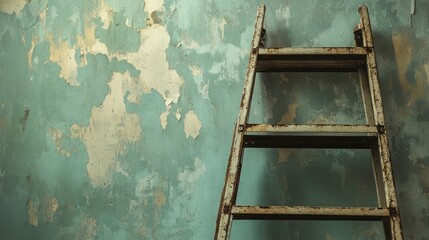Aufkleber - Rusty metal ladder leans against a peeling teal wall.